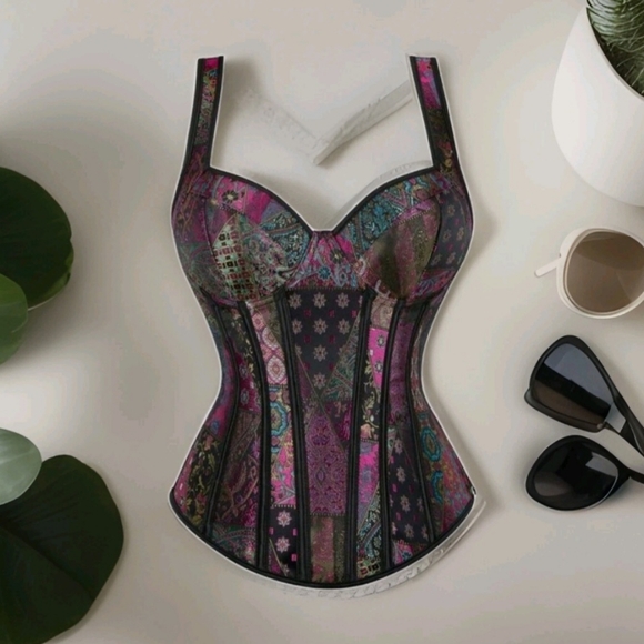 NWT Patchwork Multicolor Floral Jacquard Lace Up Corset SZ L - Picture 14 of 15